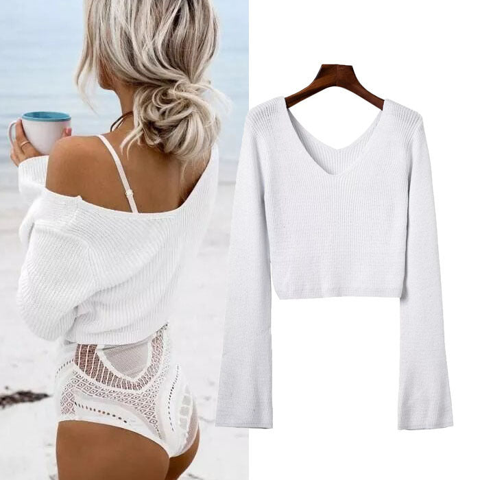 Damen eleganter croppter Pullover mit tiefem Ausschnitt und figurbetonendem Rock