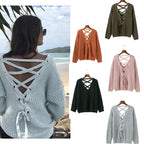 Damen Strickpullover mit verziertem V-Ausschnitt und Kordelzug