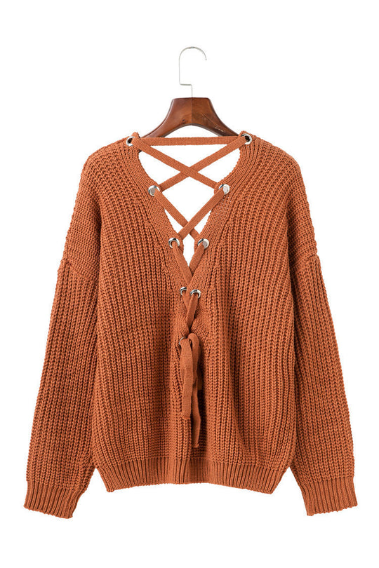 Damen Strickpullover mit verziertem V-Ausschnitt und Kordelzug R&B