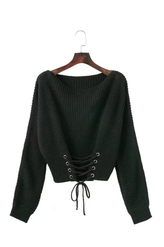Damen Strickpullover mit ausgefallenem Rückenschnürdesign und weitem Schnitt R&B