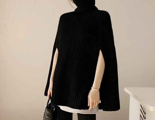 Damen Strickponcho mit hochstehendem Kragen und modischem Rippenmuster R&B