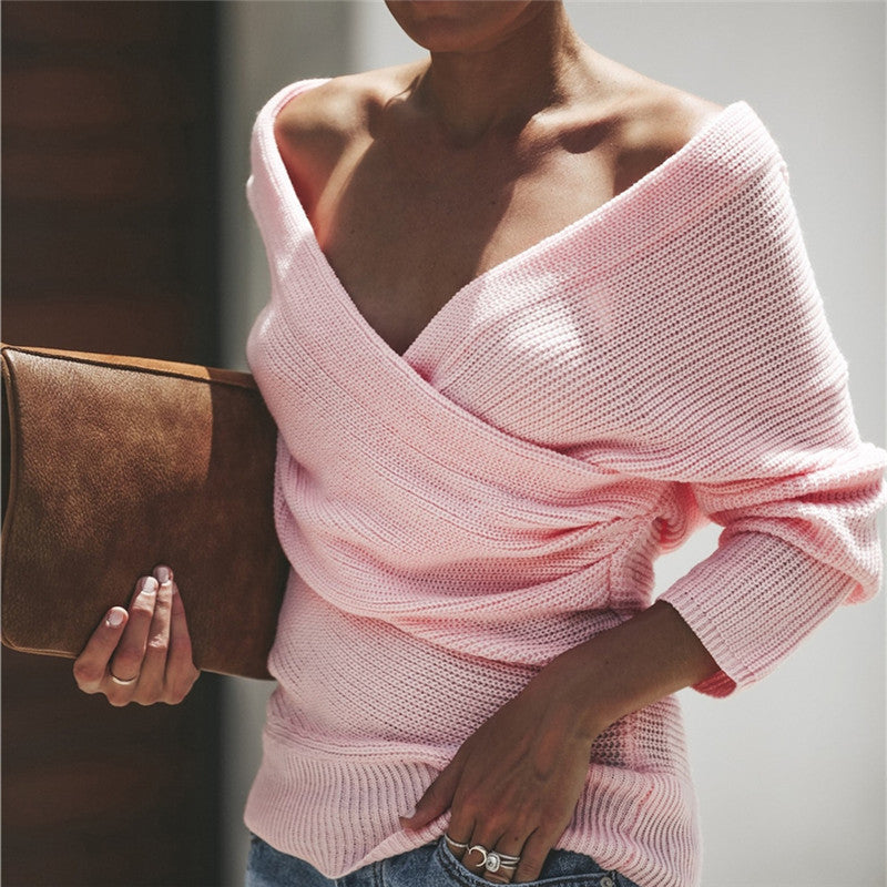 Damen Strickpullover mit Off-Shoulder-Design und eleganter Wickeloptik