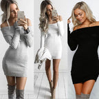 Damen Strickkleid mit Off-Shoulder-Design und dekorativem Kordelzug