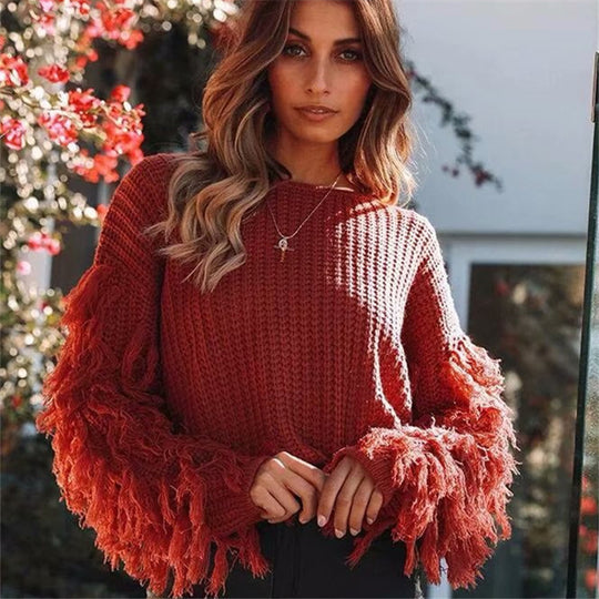 Damen Grobstrickpullover mit fransigen Ärmeln und lässigem Schnitt R&B