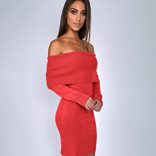 Damen Off-Shoulder Strickkleid mit langen Ärmeln R&B