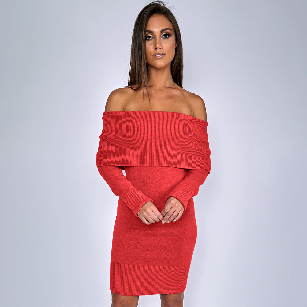 Damen Strickkleid mit Off-Shoulder Design und dekorativem Kordelzug R&B
