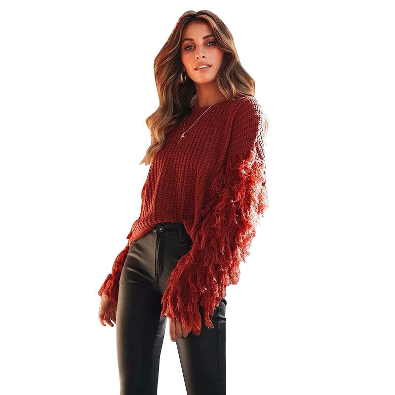 Damen Strickpullover mit fransigen Ärmeln und einzigartigem Strukturdesign