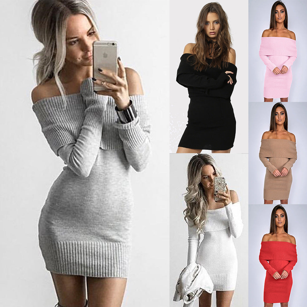 Damen Strickkleid mit Off-Shoulder Design und dekorativem Kordelzug