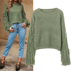 Damen trendiger Strickpullover mit ausgefallenen Fransenärmeln