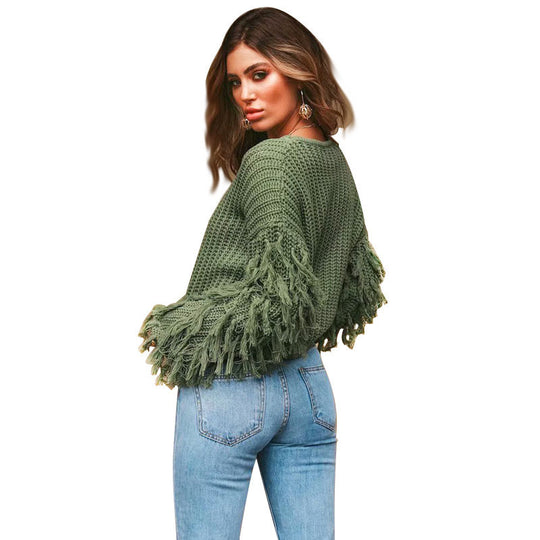 Damen Strickpullover mit fransigen Ärmeln und einzigartigem Strukturdesign R&B