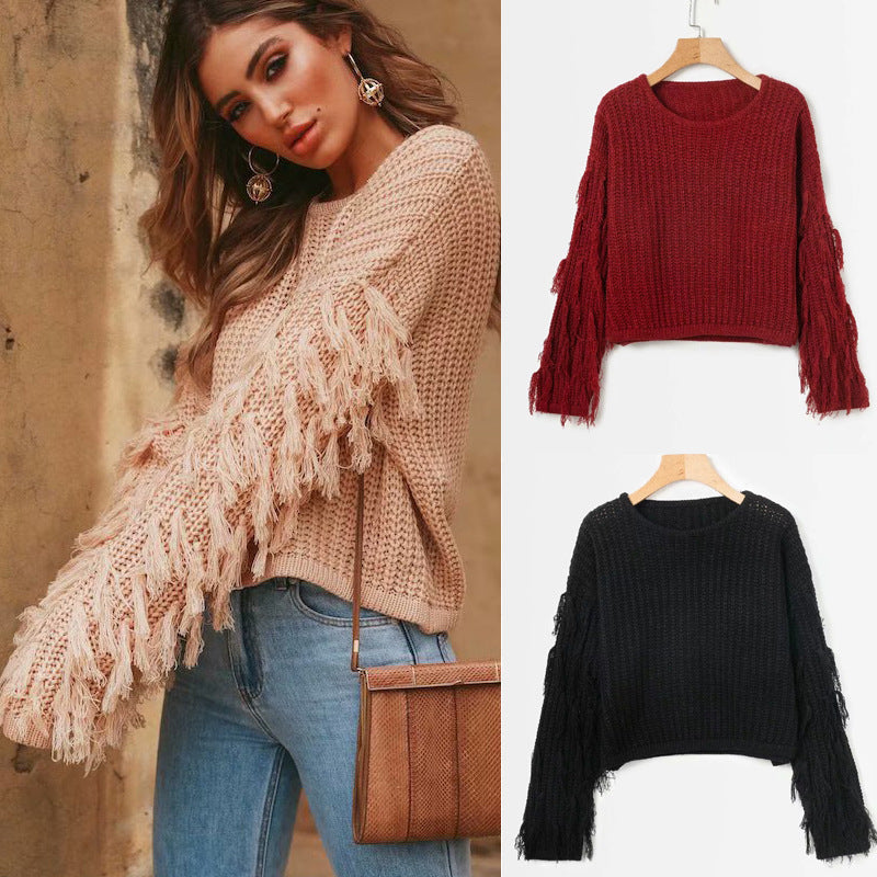 Damen Grobstrickpullover mit modischen Fransenärmeln