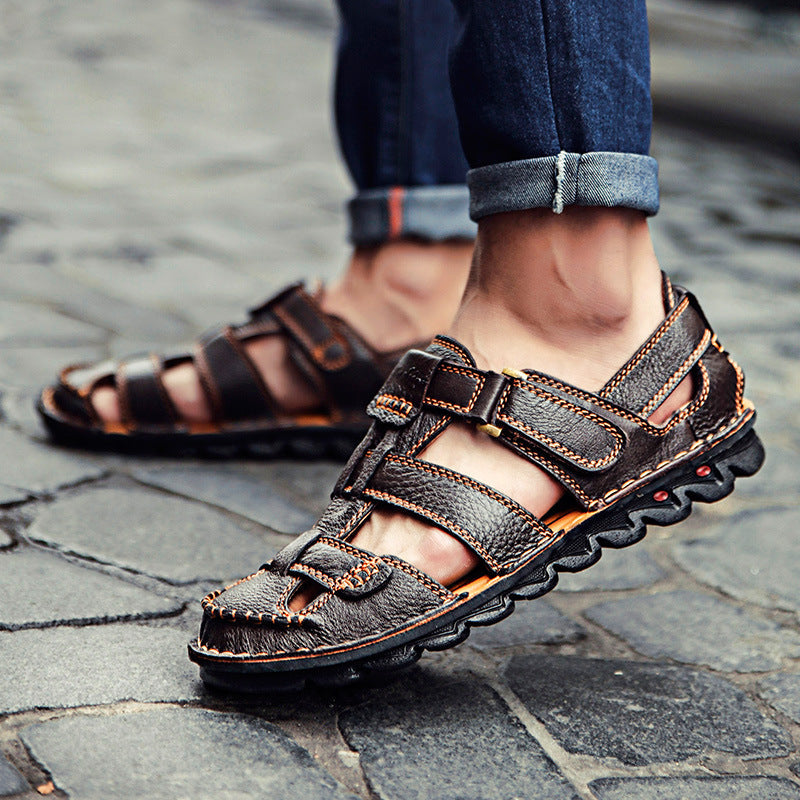 Herren Bequeme Ledersandalen mit verstellbarem Riemen und rutschfester Sohle R&B
