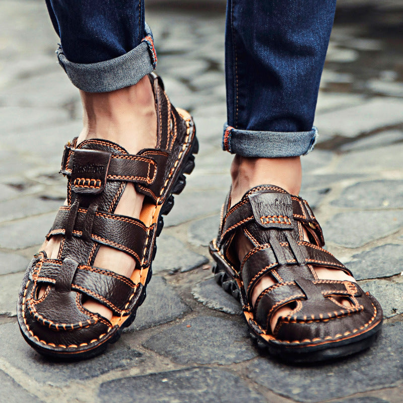 Herren Bequeme Ledersandalen mit verstellbarem Riemen und rutschfester Sohle R&B