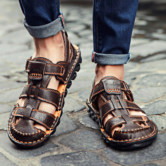 Herren Bequeme Ledersandalen mit verstellbarem Riemen und rutschfester Sohle R&B