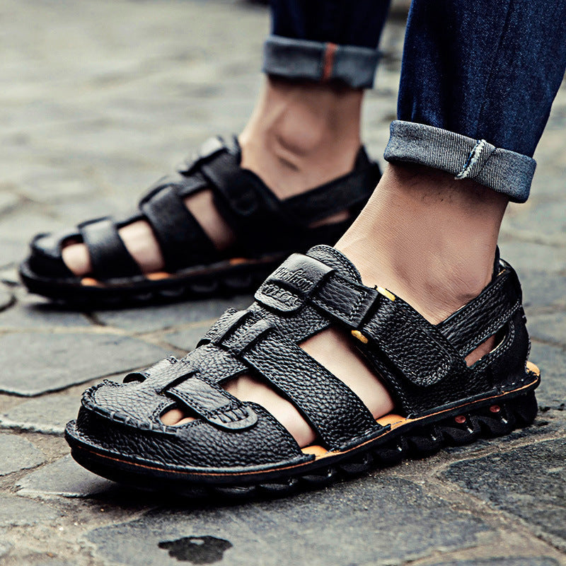 Herren Bequeme Ledersandalen mit verstellbarem Riemen und rutschfester Sohle R&B