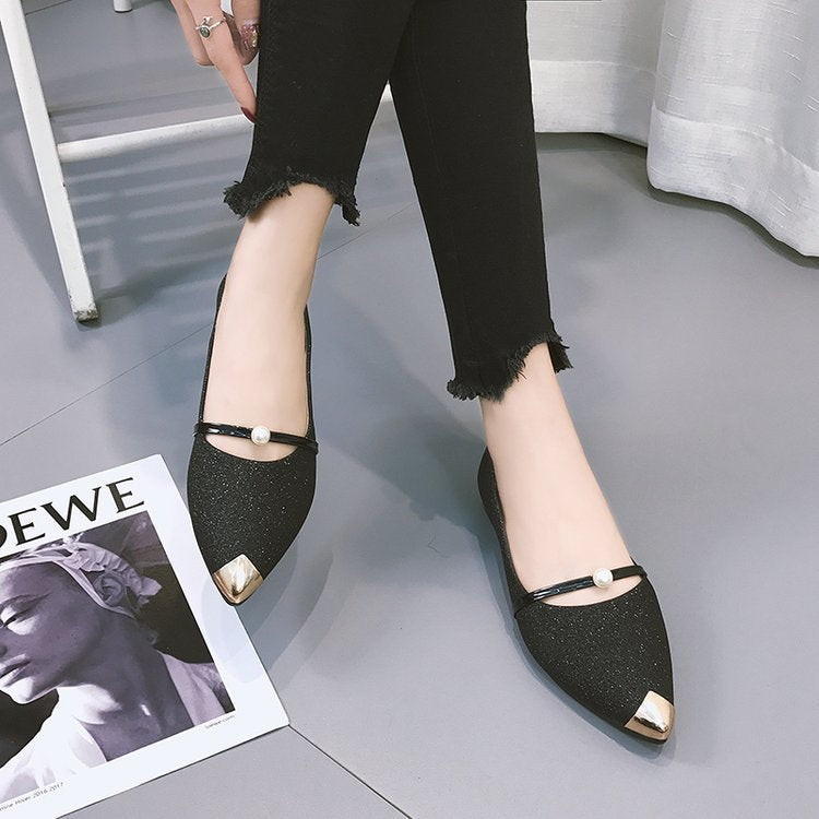 Damen nan elegante Glitzer-Slipper mit spitzer Metallkappe, perlenbesetztem Spannriemen und flachem Absatz R&B