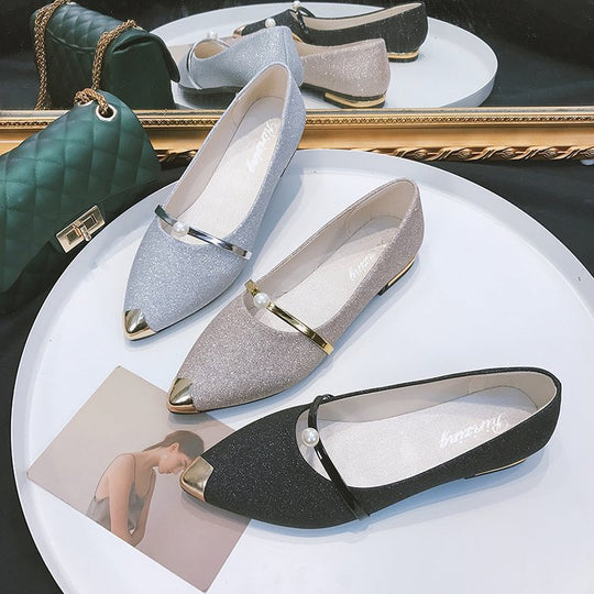 Damen nan elegante Glitzer-Slipper mit spitzer Metallkappe, perlenbesetztem Spannriemen und flachem Absatz R&B