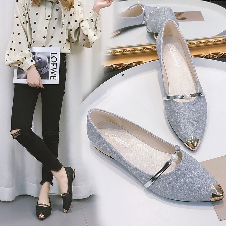 Damen nan elegante Glitzer-Slipper mit spitzer Metallkappe, perlenbesetztem Spannriemen und flachem Absatz R&B