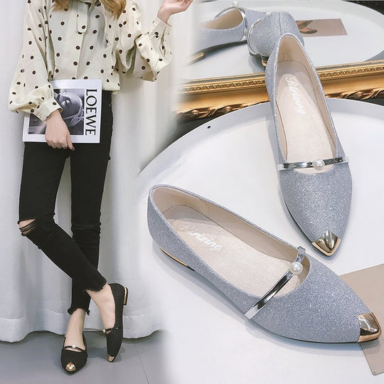 Damen nan elegante Glitzer-Slipper mit spitzer Metallkappe, perlenbesetztem Spannriemen und flachem Absatz R&B