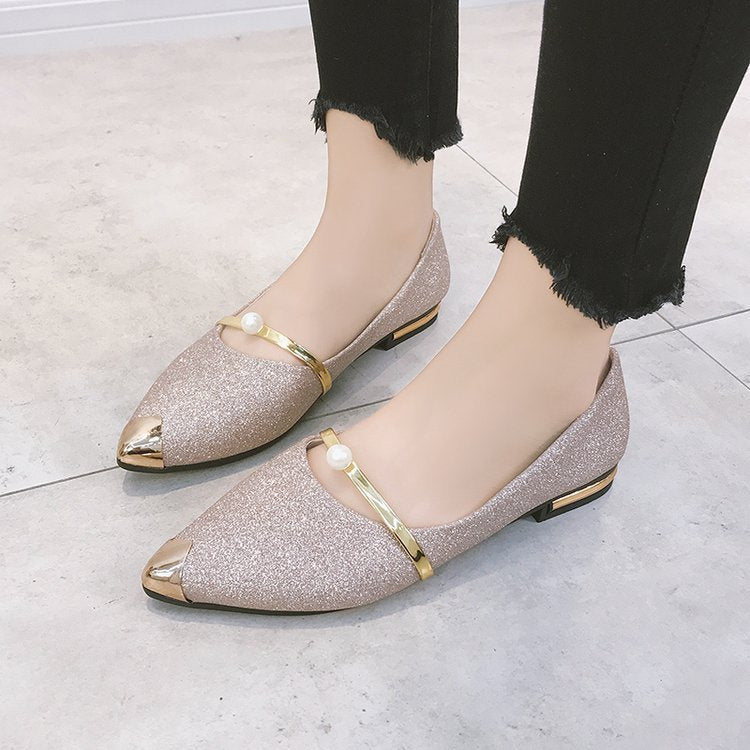 Damen nan elegante Glitzer-Slipper mit spitzer Metallkappe, perlenbesetztem Spannriemen und flachem Absatz R&B