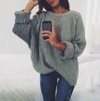 Damen Grobstrickpullover mit lockerem Schnitt und weitem Rundhalsausschnitt