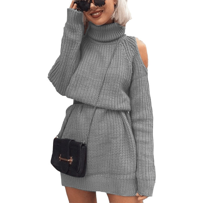 Damen Strickkleid mit Rollkragen und offenen Schultern