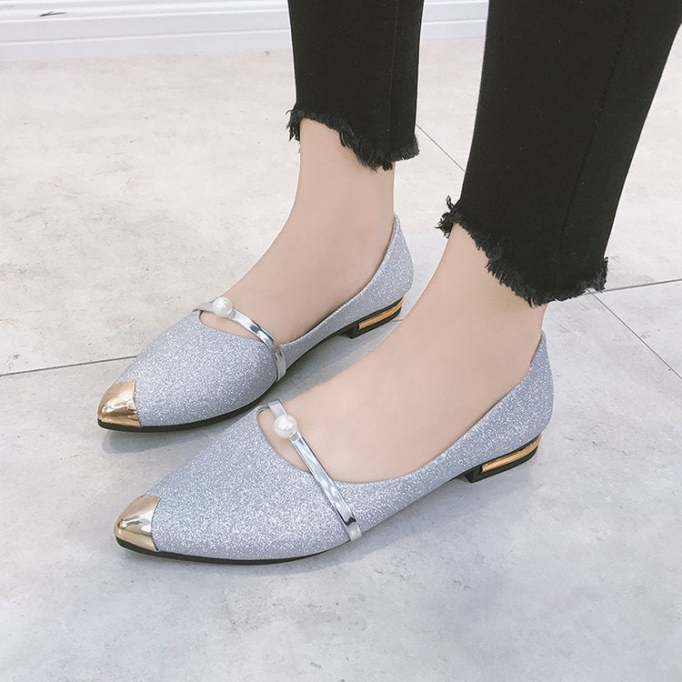 Damen nan elegante Glitzer-Slipper mit spitzer Metallkappe, perlenbesetztem Spannriemen und flachem Absatz R&B