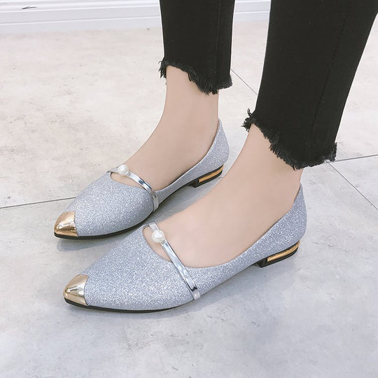Damen nan elegante Glitzer-Slipper mit spitzer Metallkappe, perlenbesetztem Spannriemen und flachem Absatz R&B