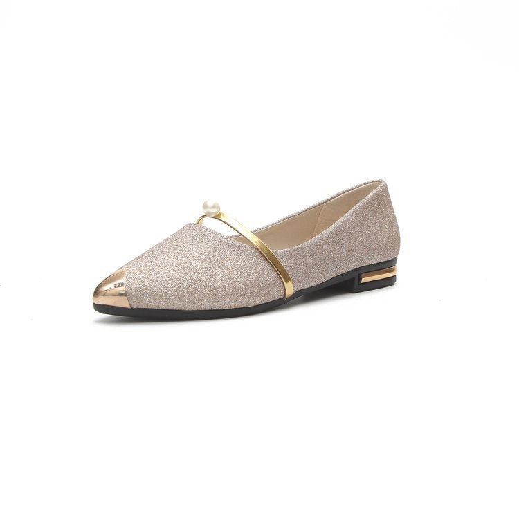 Damen nan elegante Glitzer-Slipper mit spitzer Metallkappe, perlenbesetztem Spannriemen und flachem Absatz R&B