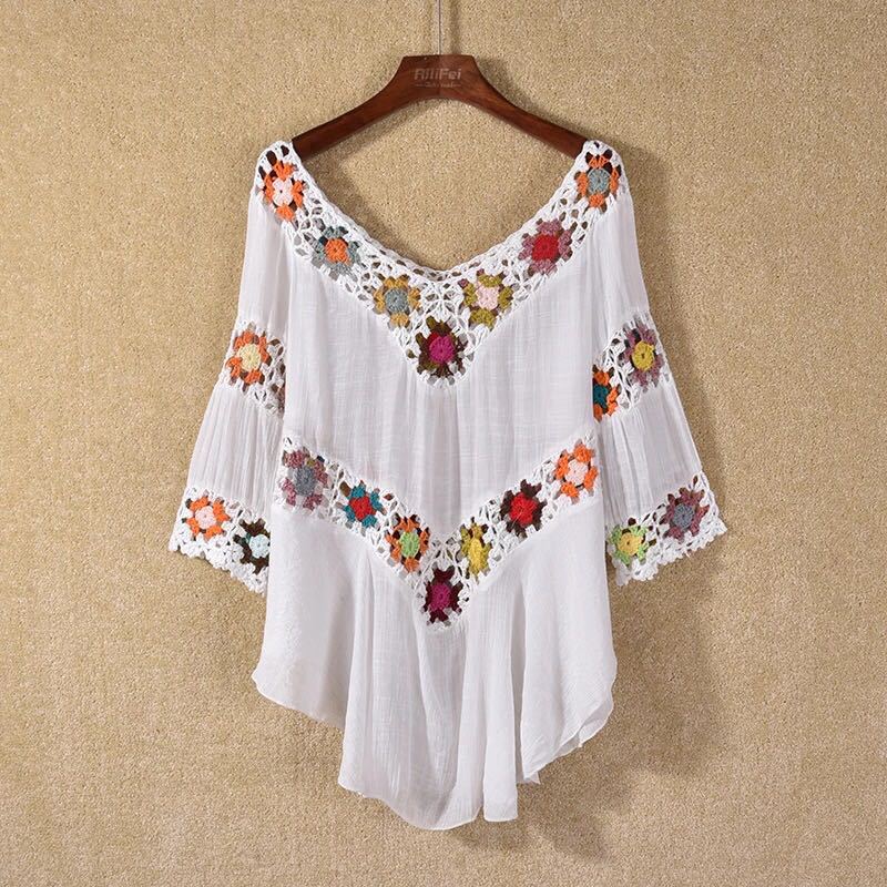 Damen Häkelbluse mit bunten Floral-Applikationen R&B