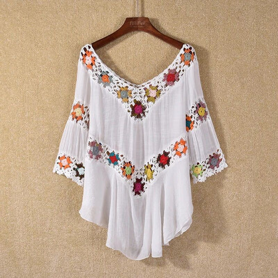 Damen Häkelbluse mit bunten Floral-Applikationen R&B