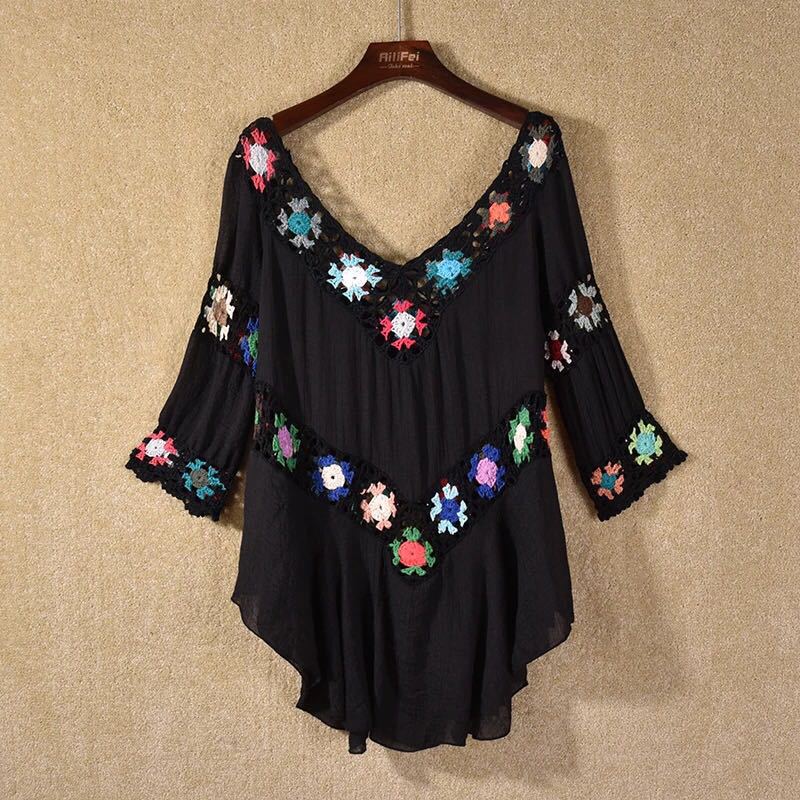 Damen Häkelbluse mit bunten Floral-Applikationen R&B