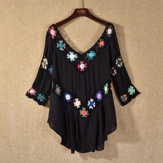 Damen Häkelbluse mit bunten Floral-Applikationen R&B