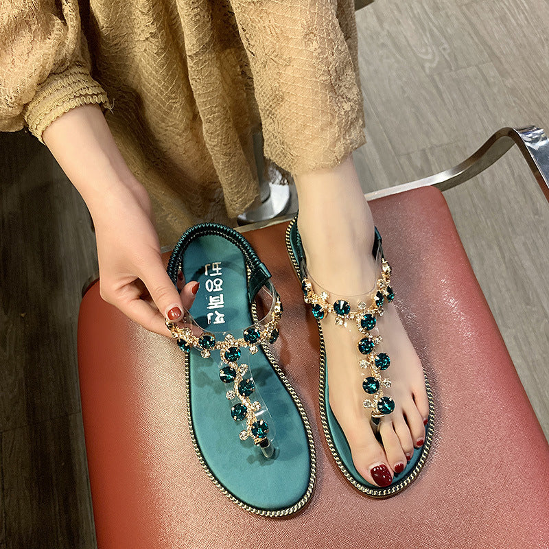 Damen nan flache T-Riemen-Sandalette mit funkelnder Schmuckkette, elastischem Fersenband und gepolstertem Fußbett R&B