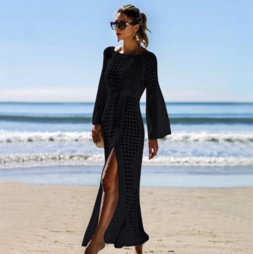Damen Häkel-Strandkleid mit tiefem V-Ausschnitt und voluminösen Ärmeln R&B