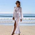 Damen Häkel-Strandkleid mit tiefem V-Ausschnitt und voluminösen Ärmeln R&B