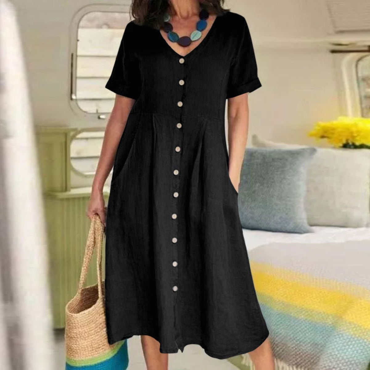 R&B | Lockeres Kleid aus Baumwolle und Leinen mit hoher Taille