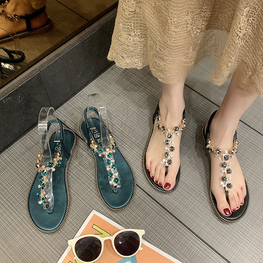 Damen nan flache T-Riemen-Sandalette mit funkelnder Schmuckkette, elastischem Fersenband und gepolstertem Fußbett R&B