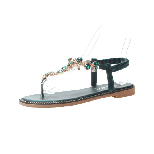 Damen nan flache T-Riemen-Sandalette mit funkelnder Schmuckkette, elastischem Fersenband und gepolstertem Fußbett R&B