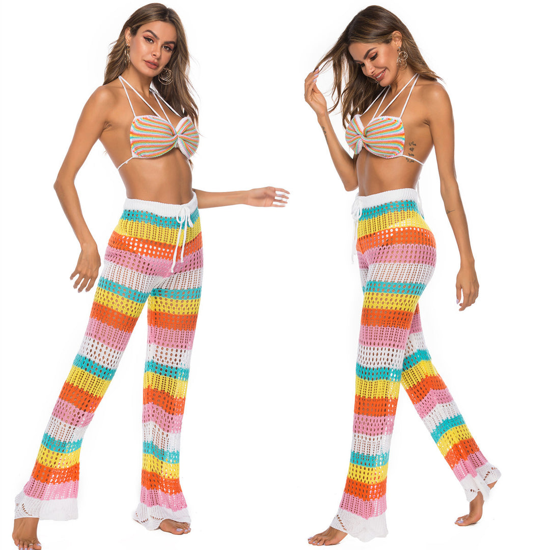 Damen luftige Häkel-Strickhose im modernen Farbblockdesign R&B
