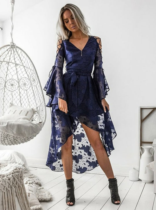 Damen Midi-Kleid mit transparenten Ärmeln und dekorativem Gürtel R&B