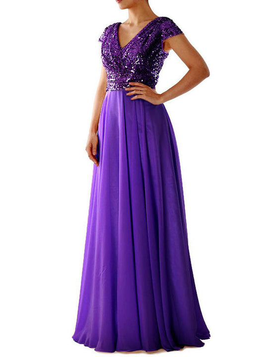 R&B | Damen Kleider V-Ausschnitt Paillette Chiffon Paneel Maxi Kleid