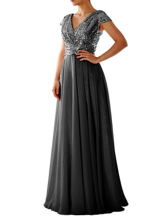 R&B | Damen Kleider V-Ausschnitt Paillette Chiffon Paneel Maxi Kleid