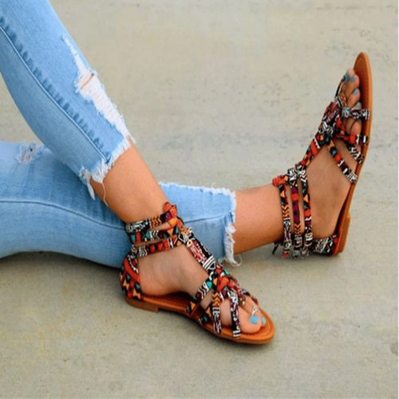 Damen Riemchen-Sandalen mit buntem GewR&Bemuster und rutschfester Sohle R&B