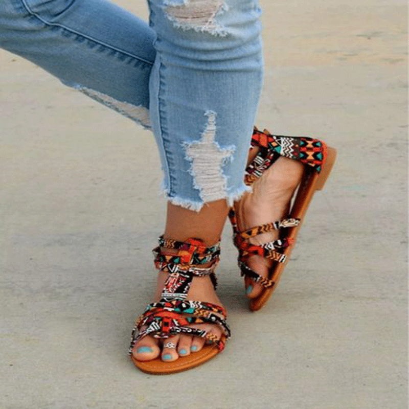 Damen Riemchen-Sandalen mit buntem GewR&Bemuster und rutschfester Sohle R&B