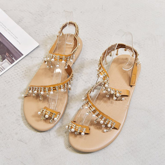 Damen elegante Riemchen-Sandalen mit funkelnden Perlenverzierungen R&B