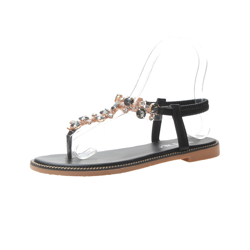 Damen nan flache T-Riemen-Sandalette mit funkelnder Schmuckkette, elastischem Fersenband und gepolstertem Fußbett R&B