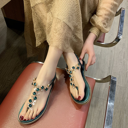 Damen nan flache T-Riemen-Sandalette mit funkelnder Schmuckkette, elastischem Fersenband und gepolstertem Fußbett R&B