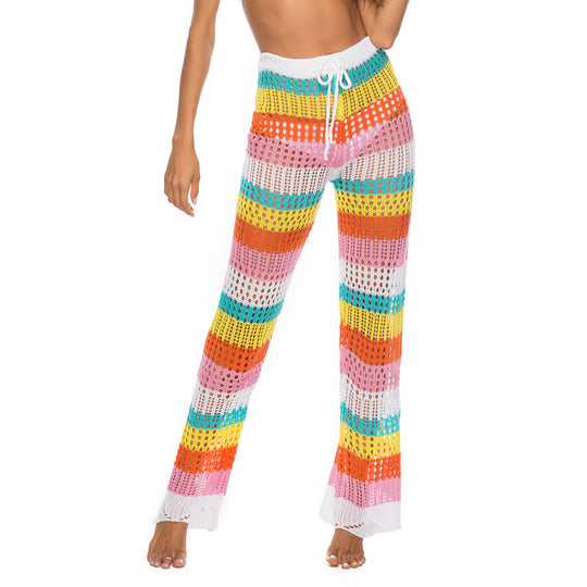 Damen luftige Häkel-Strickhose im modernen Farbblockdesign R&B