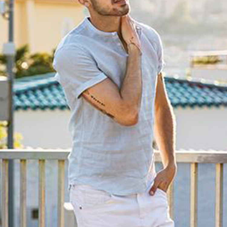 Herren Kurzarm Henley-Hemd aus luftiger Baumwolle mit modernem Stehkragen R&B